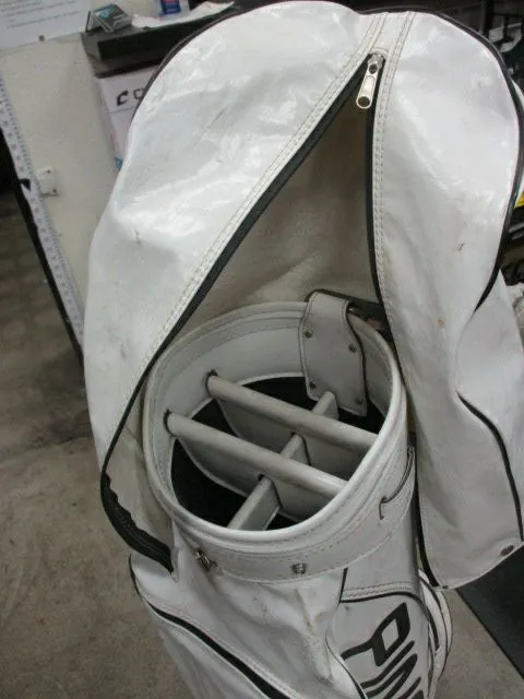 Used Vintage Ping White Leather 6 Way Divider Golf Bag W/ Rain Cover