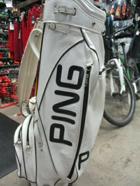 Used Vintage Ping White Leather 6 Way Divider Golf Bag W/ Rain Cover