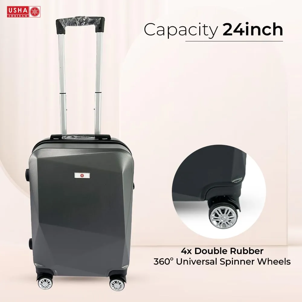 USHA SHRIRAM ABS (Check-in Bag) 24 inch Luggage Bag (65cm) |Trolley Suitcase for Travel | Travel Luggage for Men Women |360 Degree Wheel | Travel Bags for Luggage Trolley Carry On Suitcase (Grey)