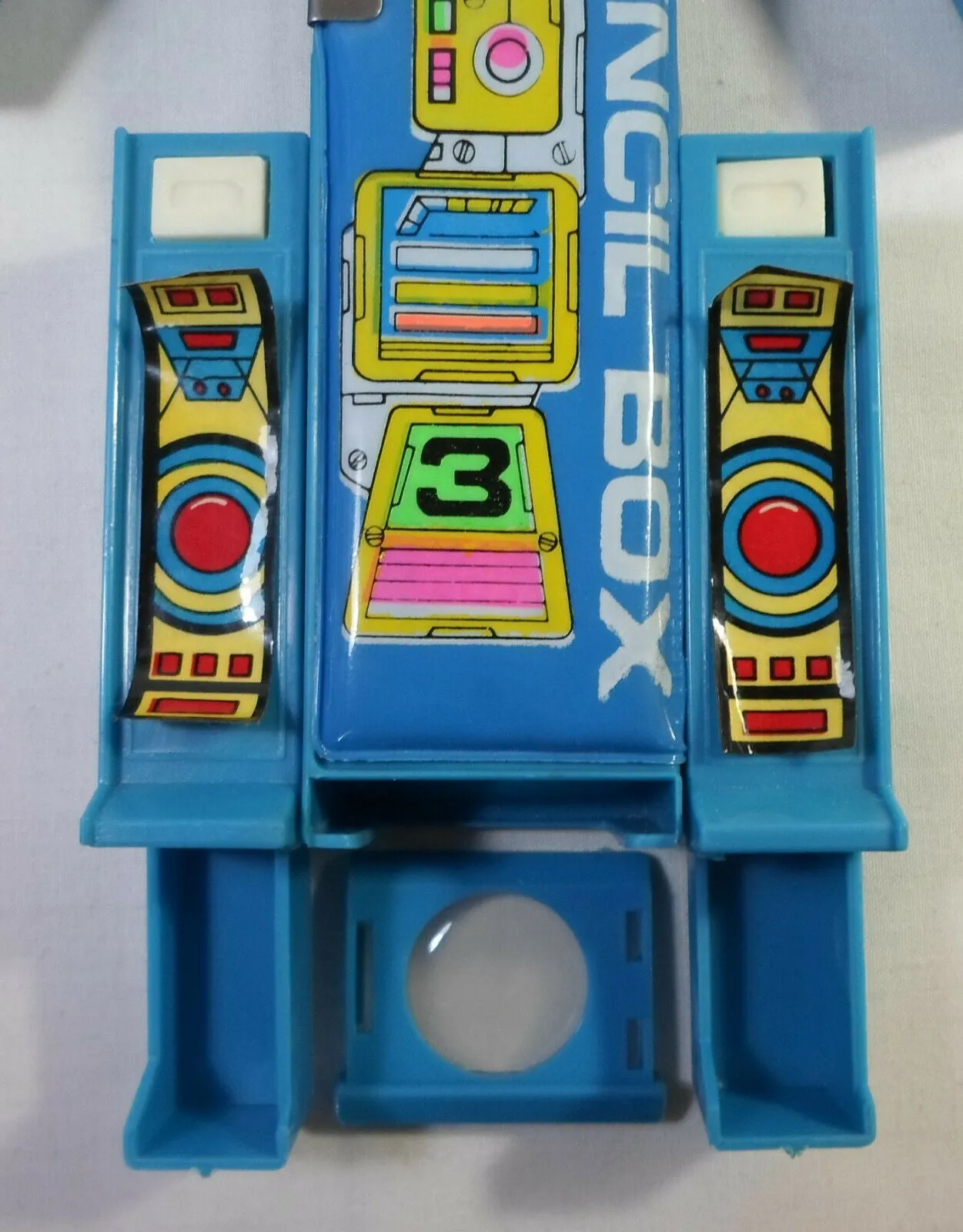 Vintage 80's Pencil Case Blue Robot Mecha Retro Multi-Function Mechanical Button Box Stationary Toy