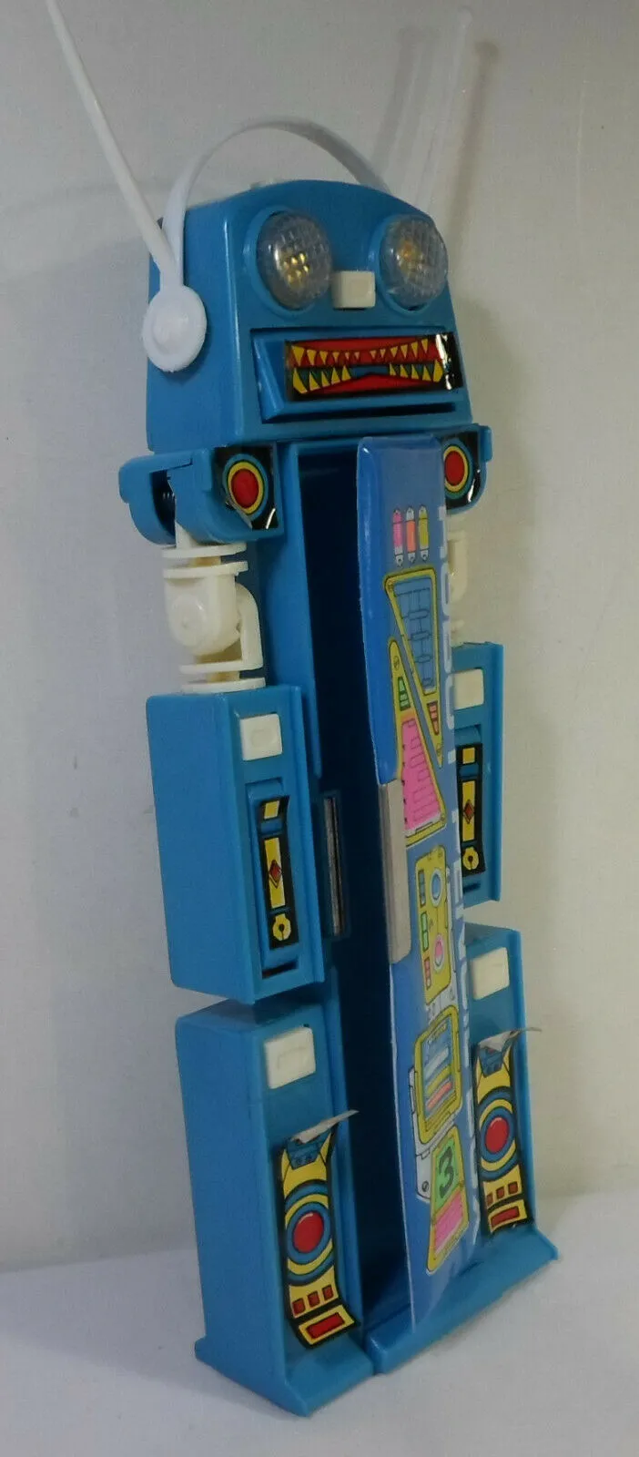 Vintage 80's Pencil Case Blue Robot Mecha Retro Multi-Function Mechanical Button Box Stationary Toy