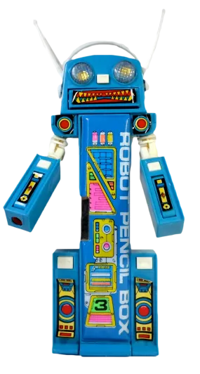 Vintage 80's Pencil Case Blue Robot Mecha Retro Multi-Function Mechanical Button Box Stationary Toy