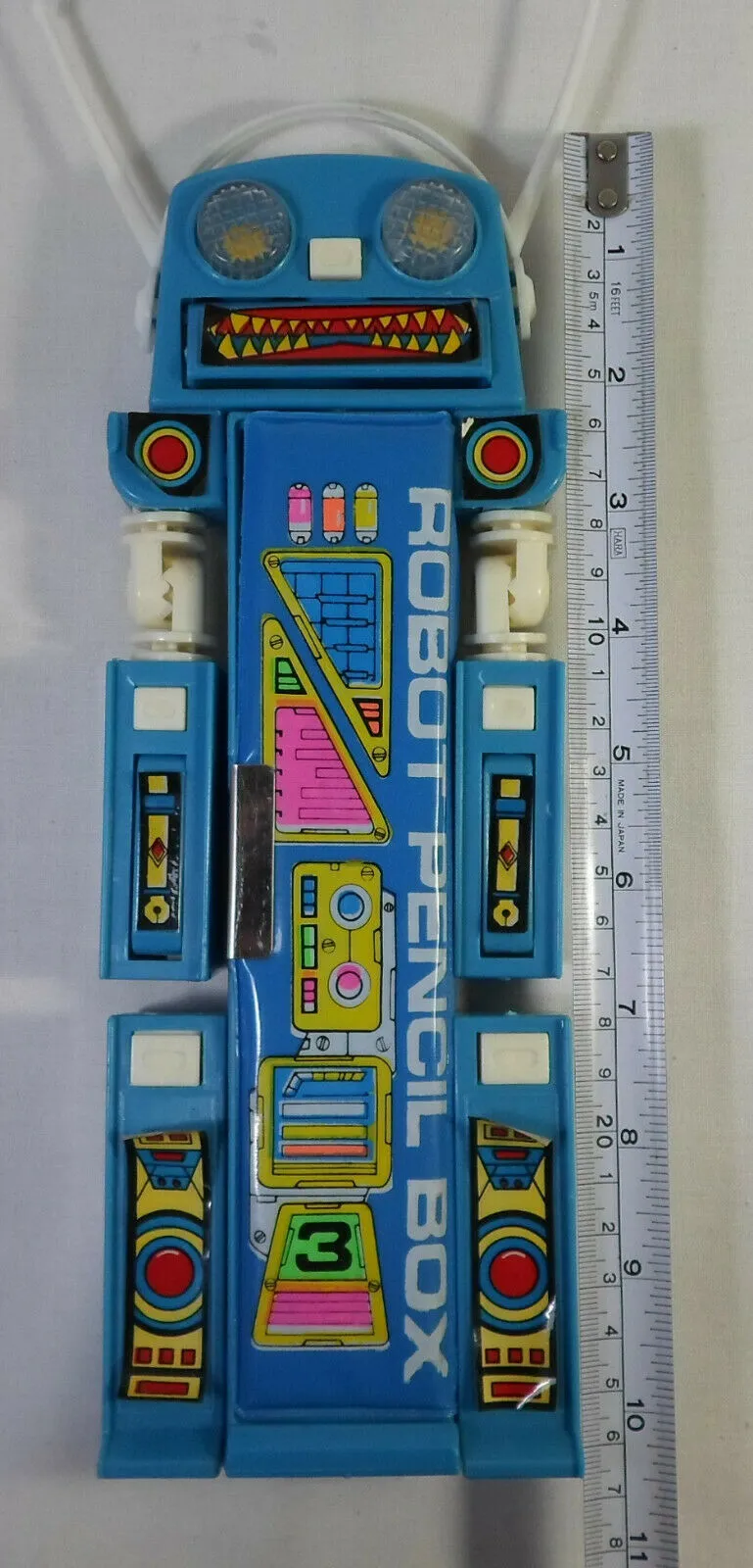 Vintage 80's Pencil Case Blue Robot Mecha Retro Multi-Function Mechanical Button Box Stationary Toy