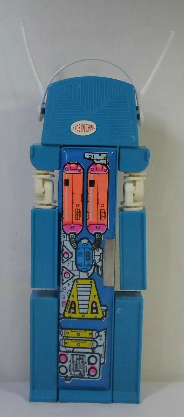 Vintage 80's Pencil Case Blue Robot Mecha Retro Multi-Function Mechanical Button Box Stationary Toy