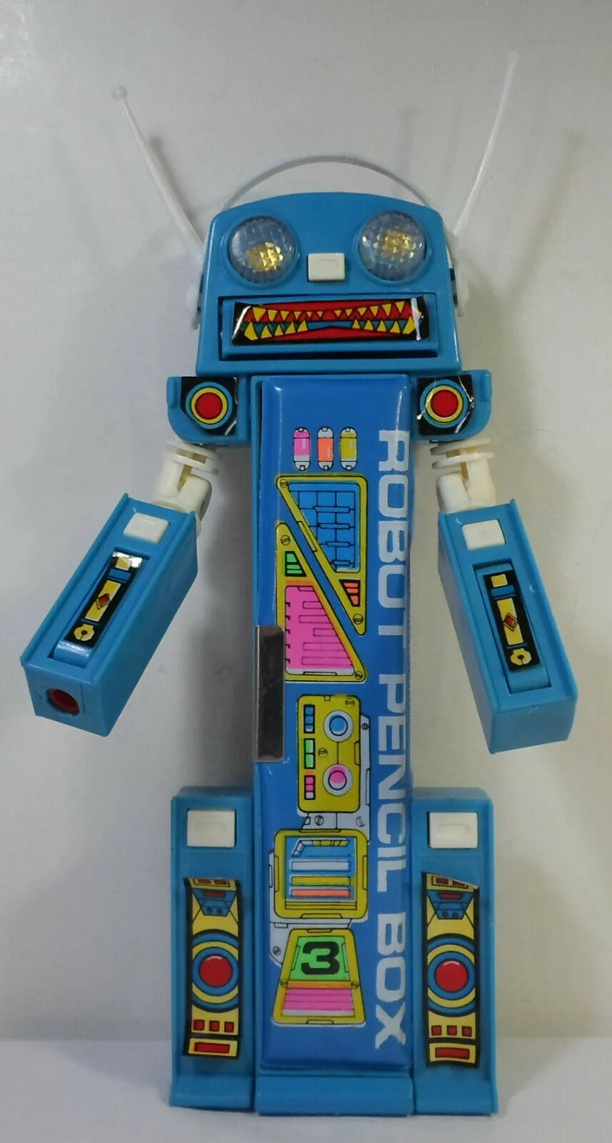 Vintage 80's Pencil Case Blue Robot Mecha Retro Multi-Function Mechanical Button Box Stationary Toy