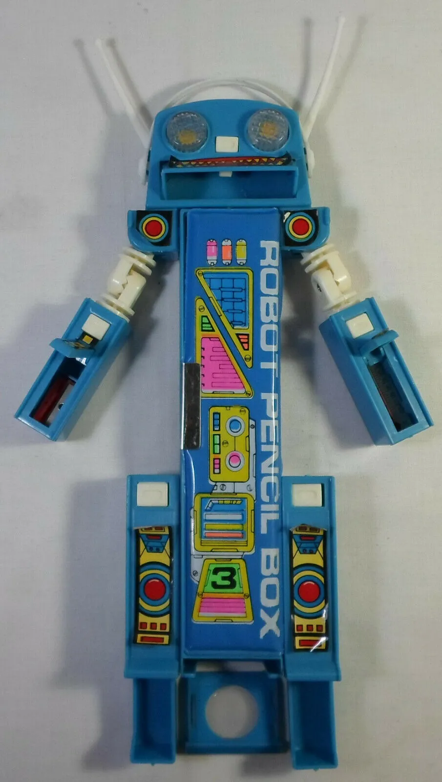 Vintage 80's Pencil Case Blue Robot Mecha Retro Multi-Function Mechanical Button Box Stationary Toy