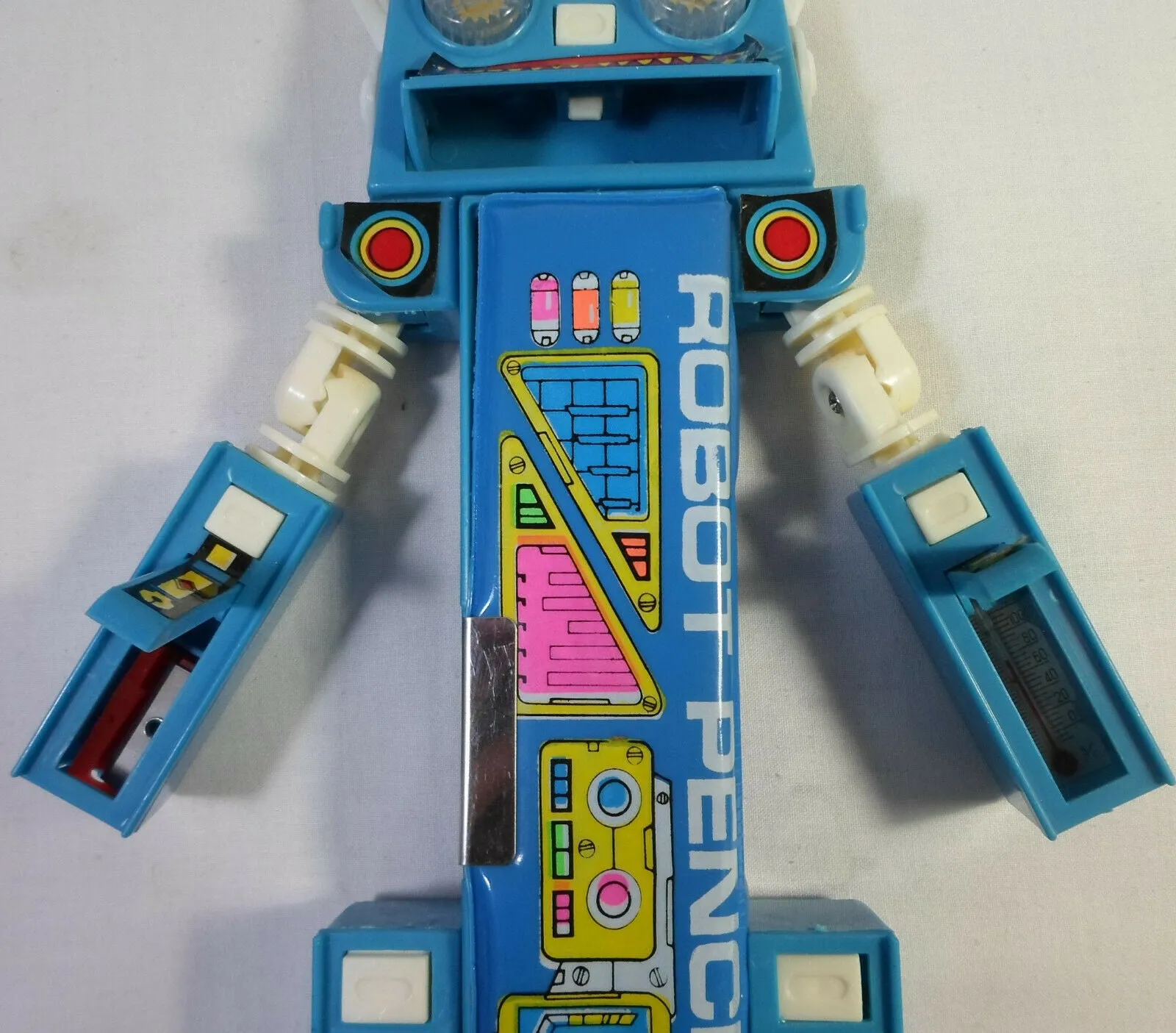 Vintage 80's Pencil Case Blue Robot Mecha Retro Multi-Function Mechanical Button Box Stationary Toy