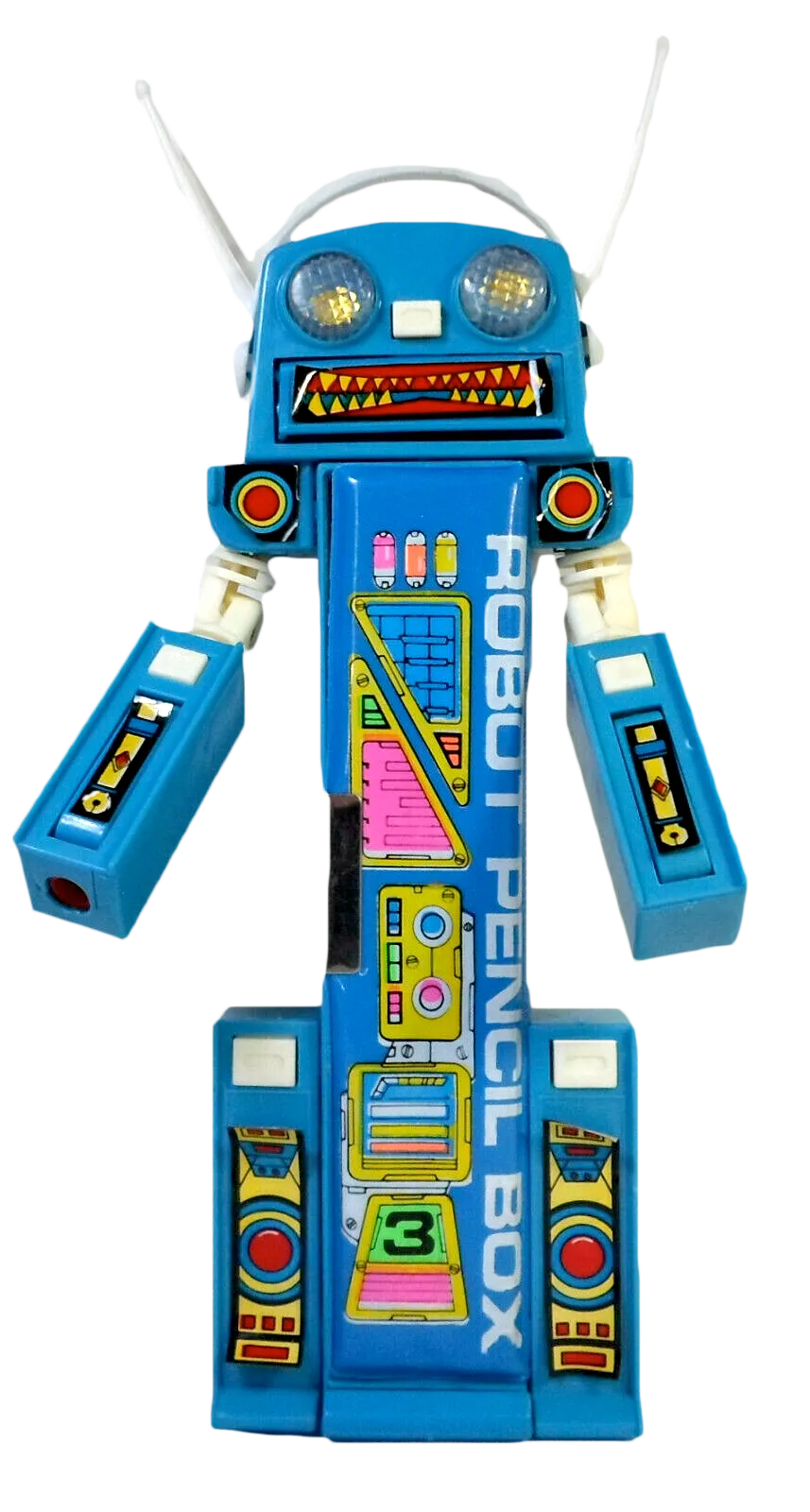 Vintage 80's Pencil Case Blue Robot Mecha Retro Multi-Function Mechanical Button Box Stationary Toy