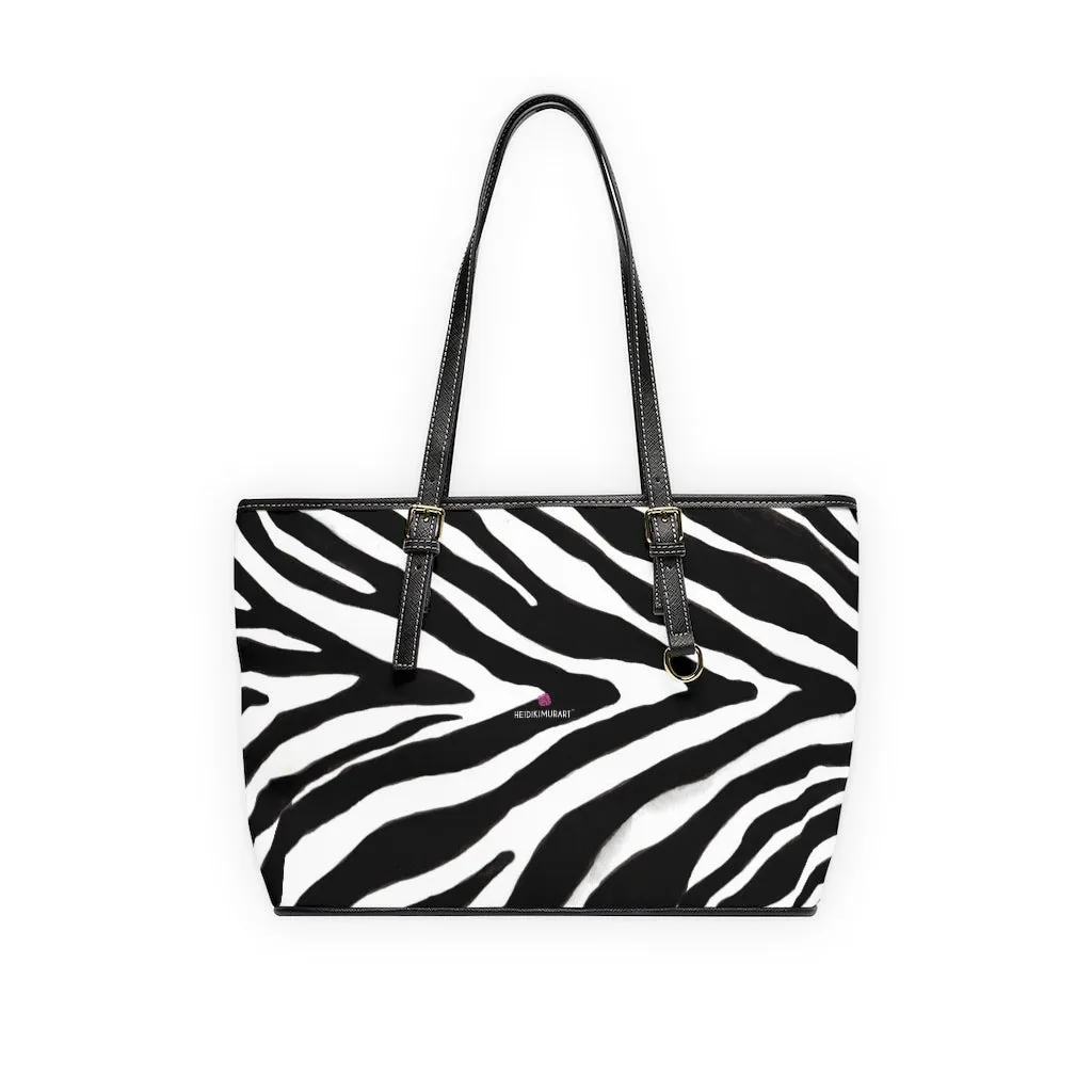 White Black Zebra Tote Bag, Animal Print PU Leather Shoulder Hand Work Bag 17"x11"/ 16"x10" For Ladies