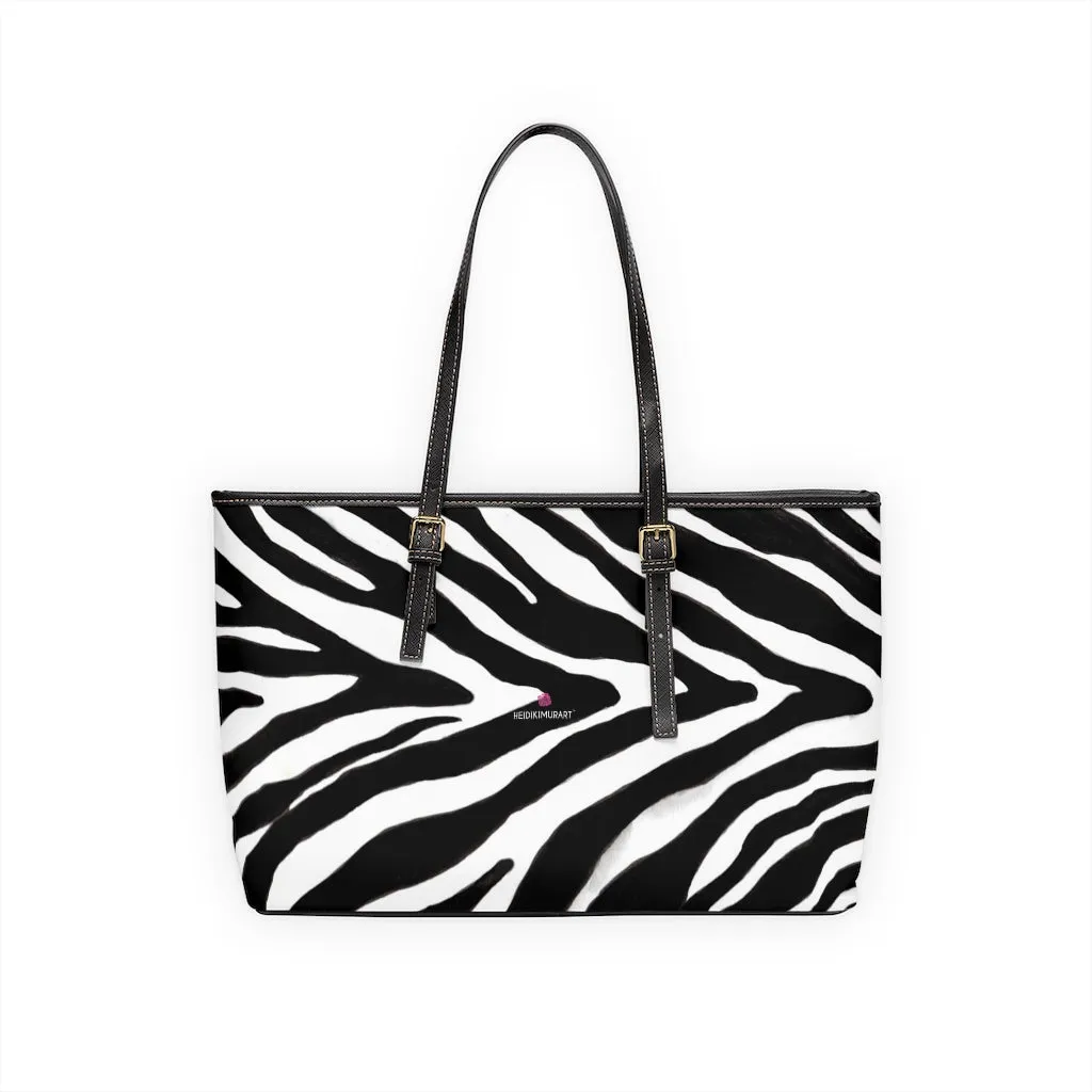 White Black Zebra Tote Bag, Animal Print PU Leather Shoulder Hand Work Bag 17"x11"/ 16"x10" For Ladies