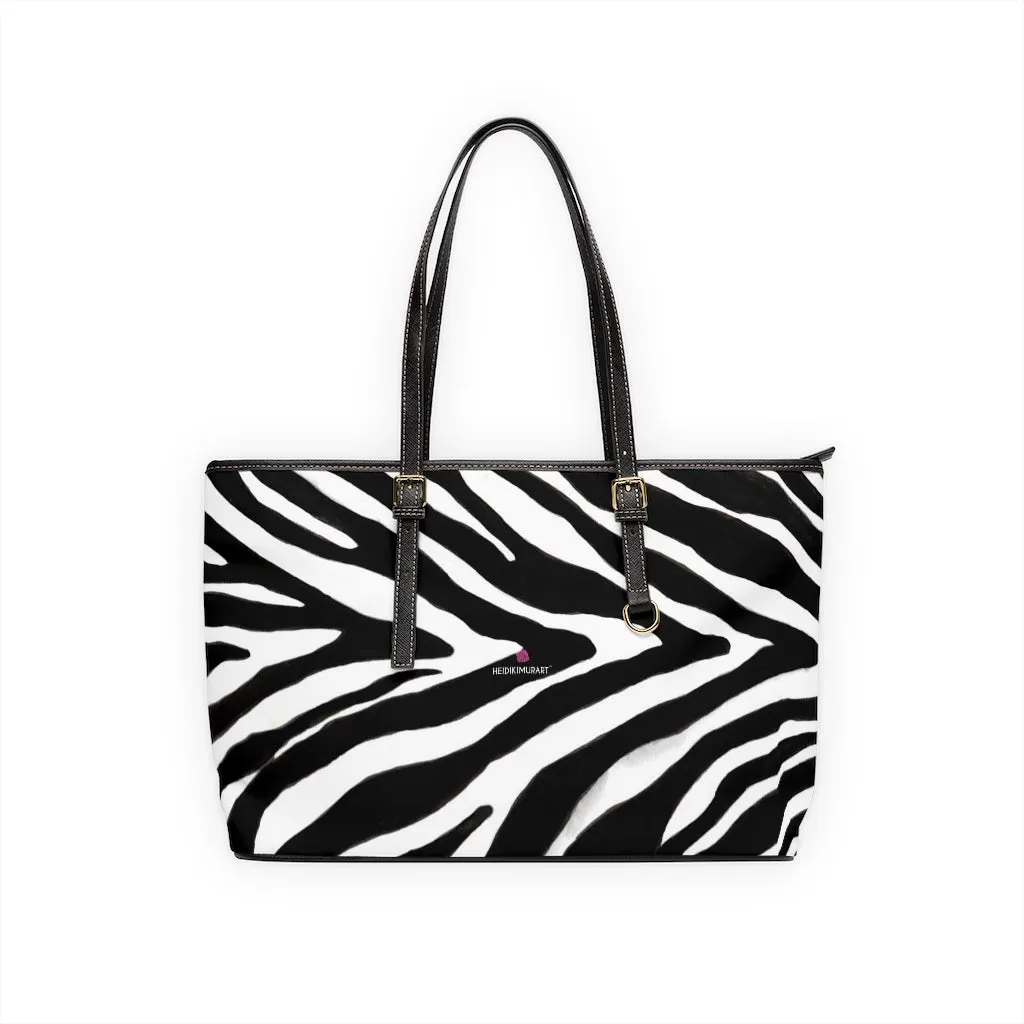 White Black Zebra Tote Bag, Animal Print PU Leather Shoulder Hand Work Bag 17"x11"/ 16"x10" For Ladies