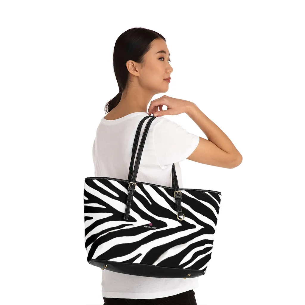 White Black Zebra Tote Bag, Animal Print PU Leather Shoulder Hand Work Bag 17"x11"/ 16"x10" For Ladies