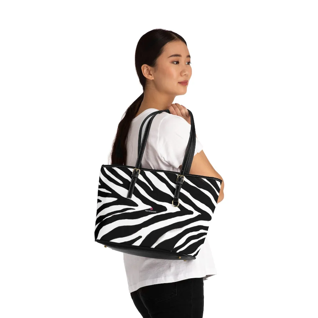 White Black Zebra Tote Bag, Animal Print PU Leather Shoulder Hand Work Bag 17"x11"/ 16"x10" For Ladies