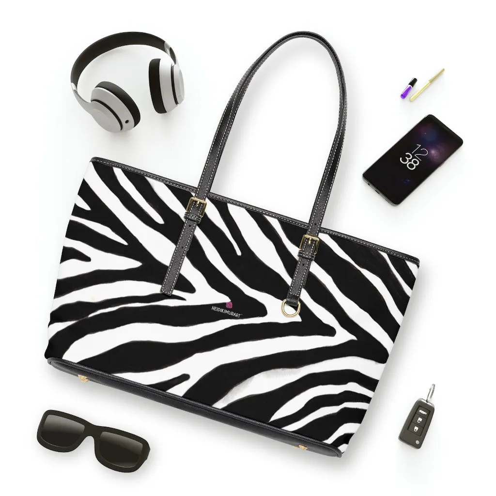 White Black Zebra Tote Bag, Animal Print PU Leather Shoulder Hand Work Bag 17"x11"/ 16"x10" For Ladies