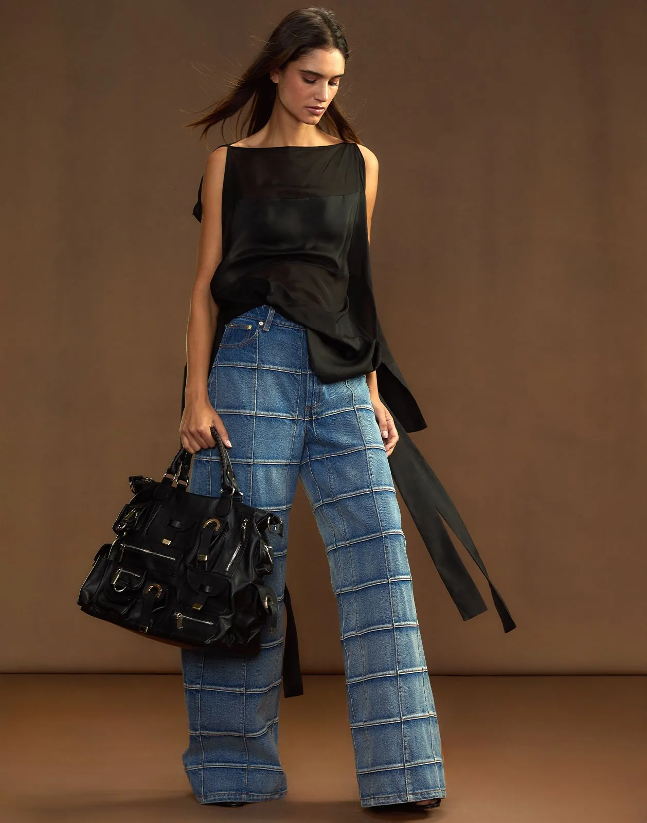 Windowpane Wide-Leg Jeans