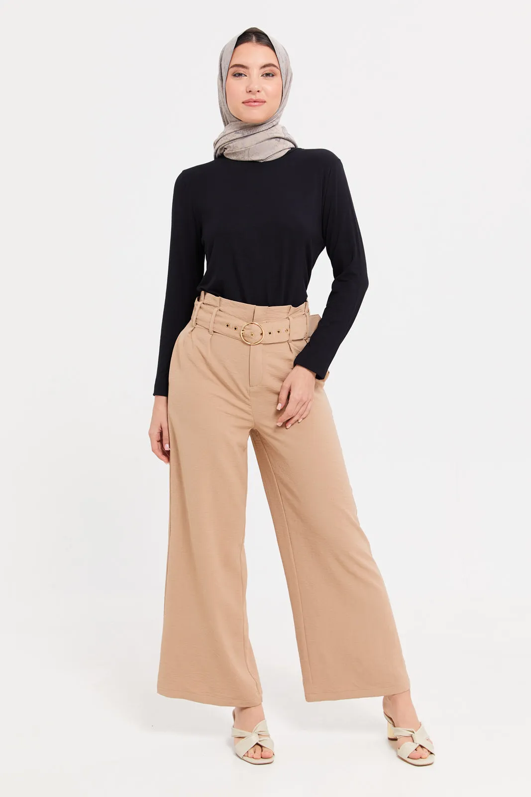 Women Beige Paper Bag Waist Belted Trousers