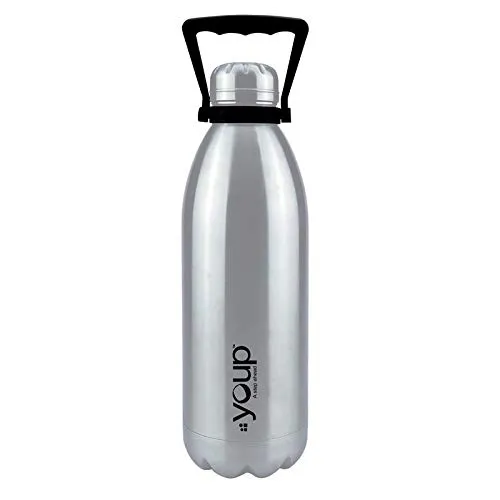 Youp insulated double walled 1500 ml Silver color thermosteel water bottle Insulated Vacuum Flask Hot and Cold 24 hours Tea Coffee Juice Milk for Office School Work Thermos with handle on top of screw cap YP1501 - 1500 ml