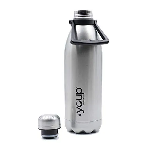 Youp insulated double walled 1500 ml Silver color thermosteel water bottle Insulated Vacuum Flask Hot and Cold 24 hours Tea Coffee Juice Milk for Office School Work Thermos with handle on top of screw cap YP1501 - 1500 ml