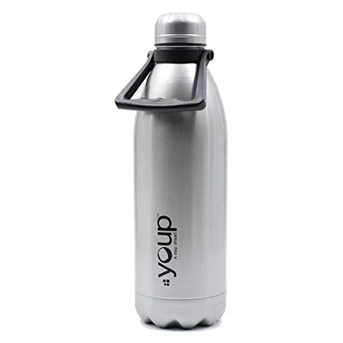 Youp insulated double walled 1500 ml Silver color thermosteel water bottle Insulated Vacuum Flask Hot and Cold 24 hours Tea Coffee Juice Milk for Office School Work Thermos with handle on top of screw cap YP1501 - 1500 ml