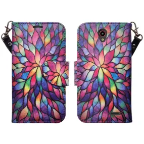 ZTE Prestige Case | ZTE Sonata 3 | ZTE Avid Plus | ZTE Avid Trio Pu Leather Magnetic Flip Fold[Kickstand] Wrist Strap Wallet Case with ID & Card Slots for ZTE Prestige/Sonata3/Avid/Avid Plus - Rainbow Flower